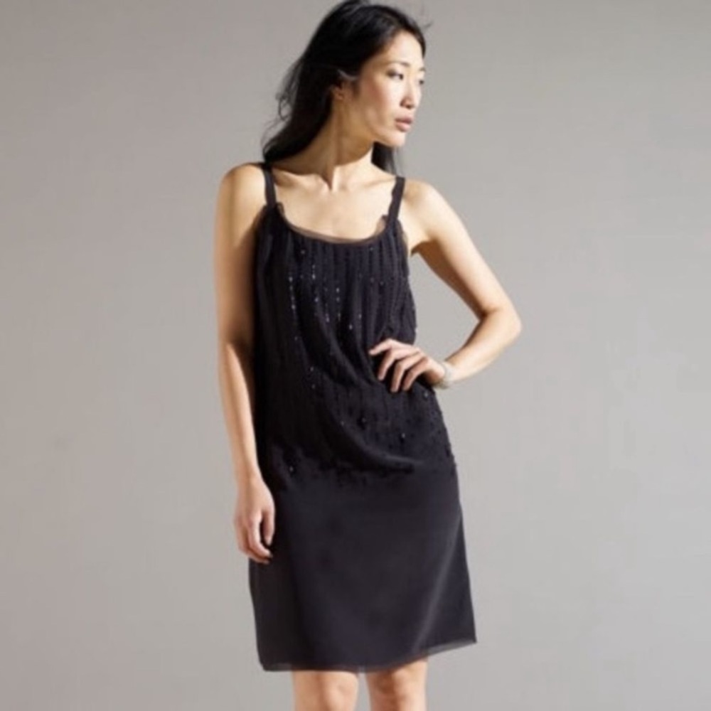 Eileen Fisher Silk Crepe Little Black Dress Beaded Silk Lined